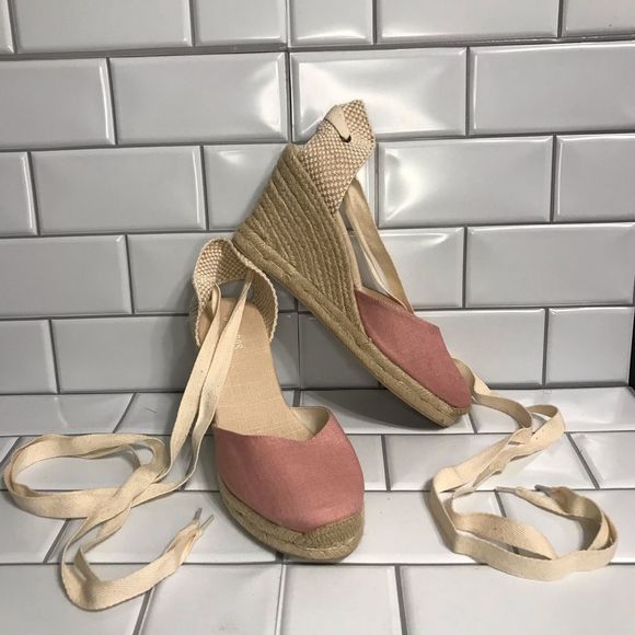 NWOT SOLUDOS Lace-Up Tall Wedge Espadrilles Pink/Tan Size 10 With Ankle Wrap
